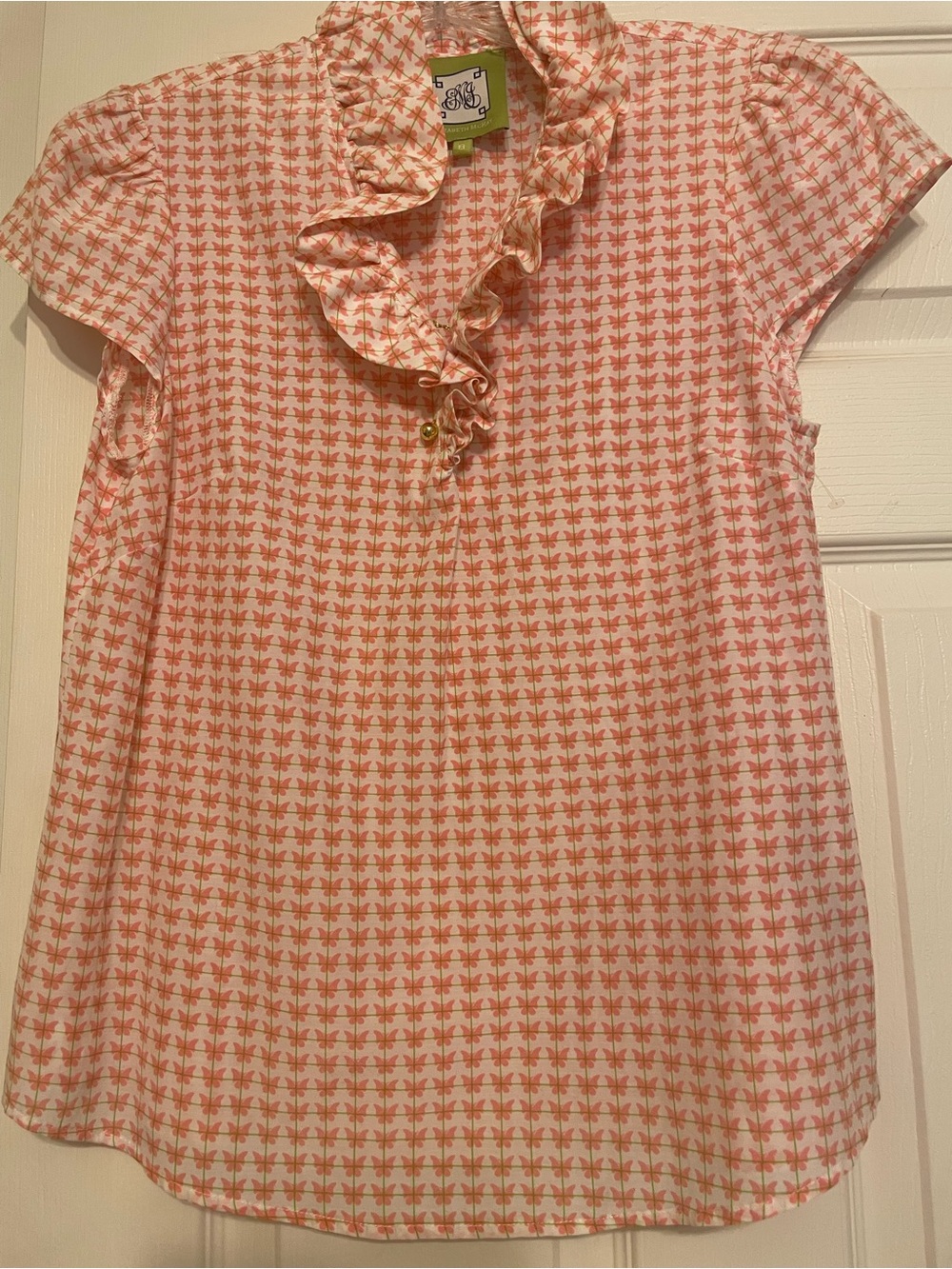 Elizabeth McKay Pink and Green Floral Ruffle Silk Blouse size 8 - Picture 2 of 5
